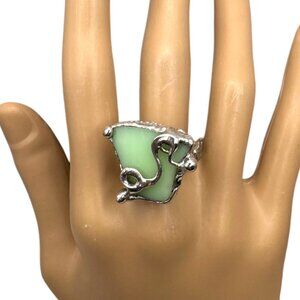 Handcrafted Artisan Uranium Glass Silver-Blend Statement Ring Glows W/ UV Light